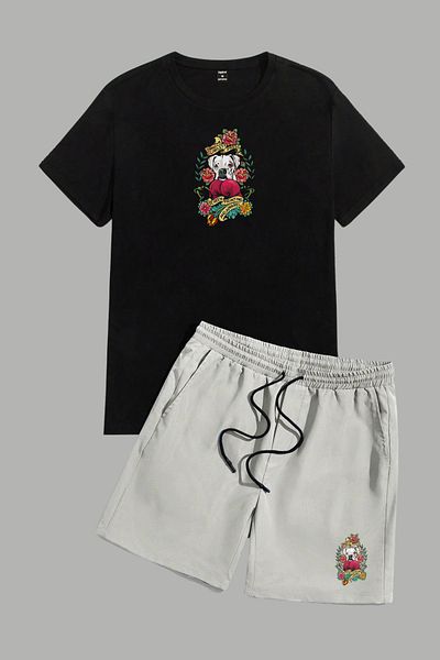 MELADYAN Boxer Dog Printed Black T-Shirt Gray Shorts Bottom Top Set
