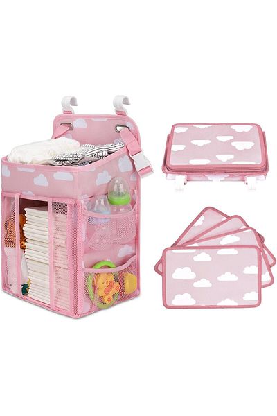 TECOS Crib Organizer, ®, Diapers, 43x28x20cm, Can Be Attached to the Bed, Pink