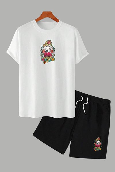 MELADYAN Boxer Dog Printed White T-Shirt Black Shorts Bottom Top Set