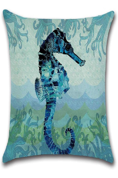 RISHAHOME Sea Horse Printed Cushion Cover 45x45 cm – Blue, Decorative Pillowc...