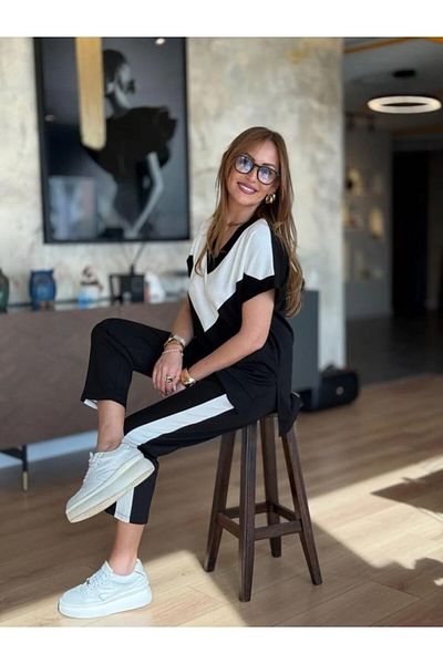 Modayakamoz New Season Women's Short Sleeve V-Neck Double Color Viscose Two Thread Double Blouse and Pants Set