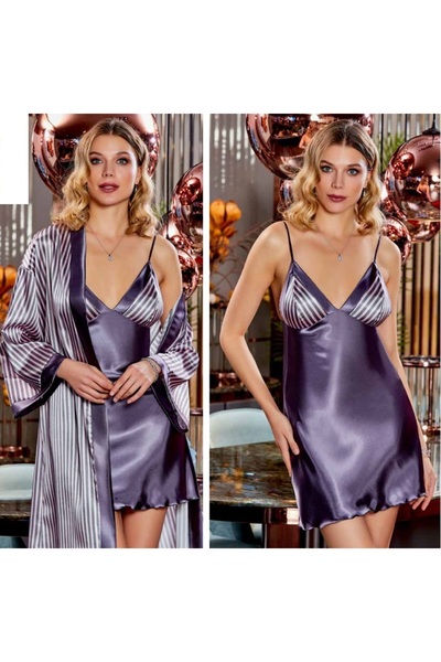 Feyza İpek Saten Gecelik&Sabahlık Takım 4013