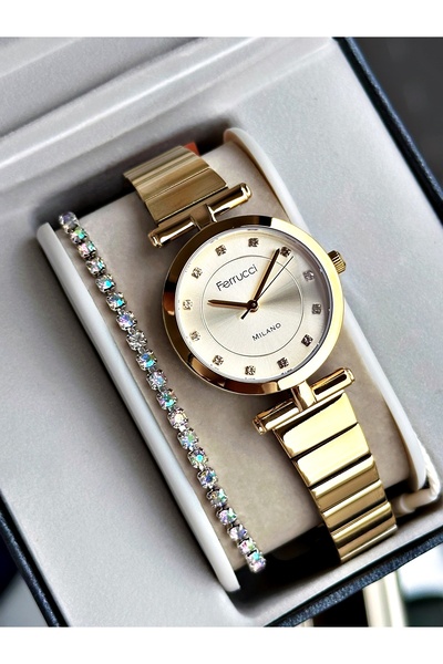 Ferrucci Altın Renk Sade Model Klasik Çelik Kordon Kadın Kol Saati + BİLEKLİK