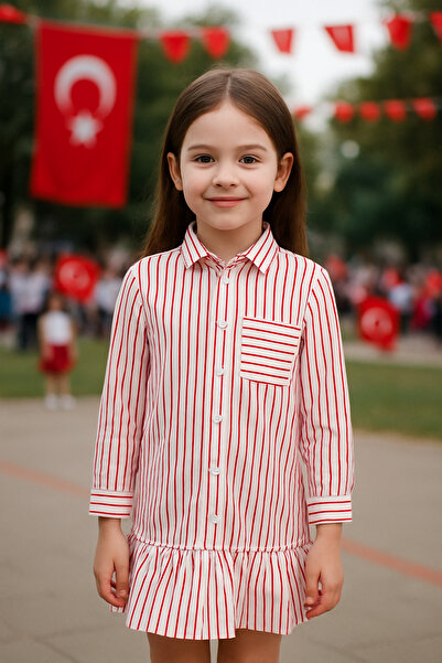 Hilal Akıncı Kids Κοριτσίστικο φόρεμα πουκάμισο με ριγέ τσέπη