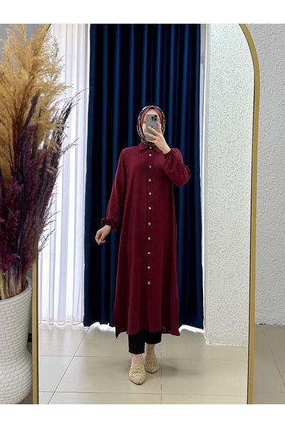Ebrar Store Treva Front Metal Buttoned Side Slit Tunic-Fa876 Claret Red