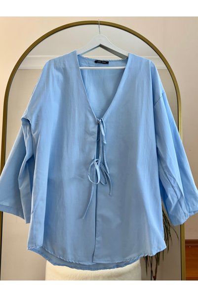 Bahar Altundemir Women's Front Tie Kimono Poplin Tunic Shirt Hijab Kimono Shirt