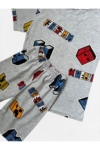 TOFU KİDS Boys' Cotton Gray Color Block Game Patterned Short Sleeve Shorts Summer Pajama Set
