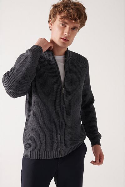 Avva Men's Anthracite Stand Collar Zippered Thessaloniki Cardigan A22Y5033