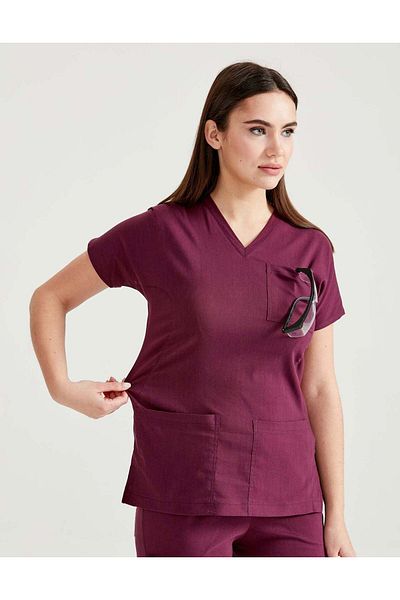 DEMOTEKS Costum medical din elastan bordo, pentru femei - model clasic flexibil
