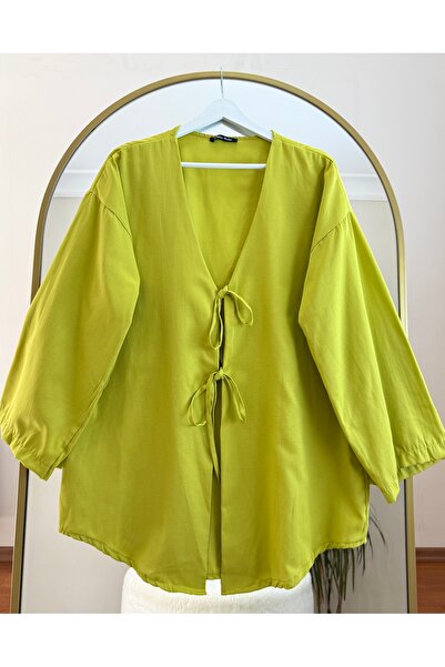 Bahar Altundemir Kadın Önü Bağlamalı Yeşil Kimono Poplin Tunik Gömlek Tesettü...
