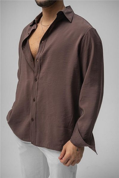 Tarz Cool Ανδρικό Καφέ Μασίφ Λινό Πουκάμισο Oversize