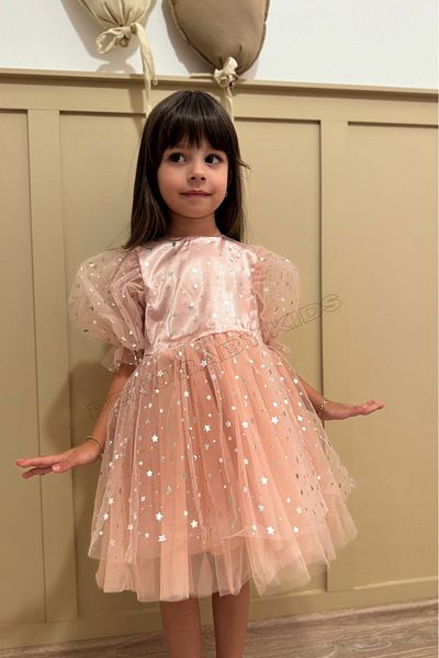 penu baby kids Powder Glossy Satin Above Starry Skirt Plain Tulle Above Starry Tulle Balloon Short Sleeve Girl's Dress