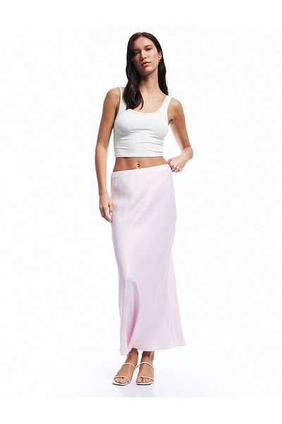 Koton Viscose Fabric Normal Waist Long Flared Satin Skirt