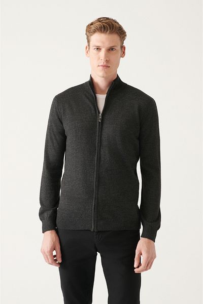 Avva Cardigan pentru bărbați din lână antracit, amestecat cu jumătate de fermoar, cu guler vertical E 005018