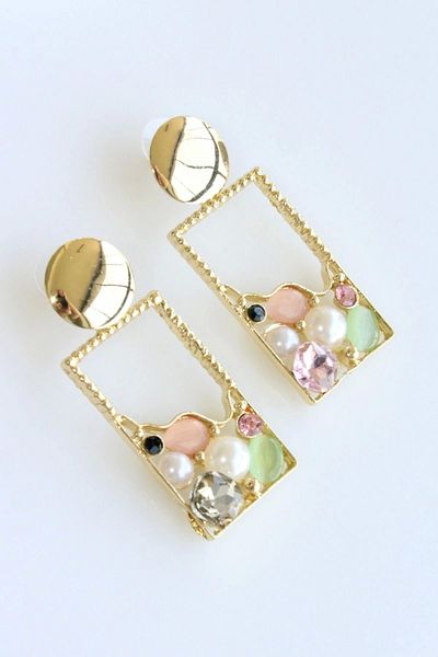 Leo'Stone New Season Frame Dangle Colorful Zircon Stone Design Does Not Tarnish Does Not Lose Color Women's Steel Earrings