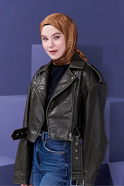 Modakaşmir Mini Kaz Ayağı Desen Karamel kahve Natür jakar Şal