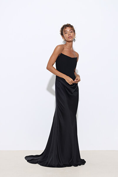 Mozto Isabella Corset Detail Draped Black Evening Dress with Train