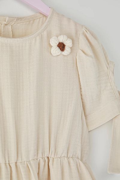 Pollito Girl's Knitted Muslin Dress with Tie-Up Sleeves and Flower Detail