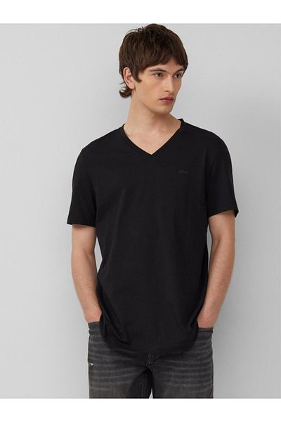 s.Oliver Men's V-neck T-shirt, Regular Fit, Cotton, Black, S