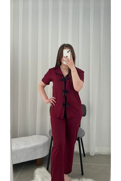 Lena Homewears Set de pijamale cu mânecă scurtă pentru femei, cu lenjerie de corp cu fundă