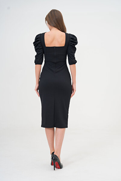 lovebox Βραδινό φόρεμα Krep Shoulder Detail Square Collar Midi Size Black 026