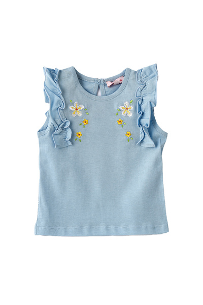 Basicxx Girls Blue Embroidered Sleeveless Ruffle Top