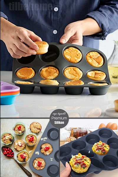 Tilbe Home 12-Pack Silicone Muffin Mold Cookie Dessert Mold Non-Stick Food-Grade Baking Cupcake Cake Capsule