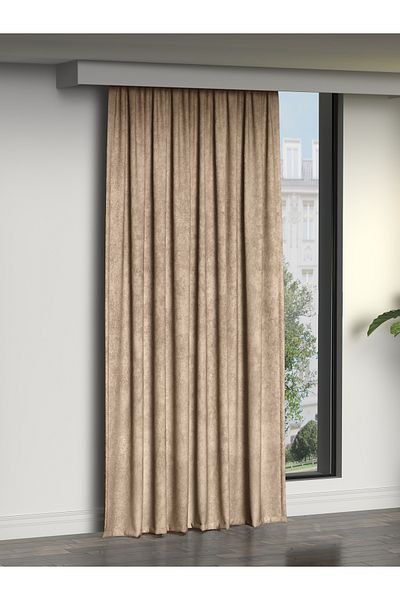 FAVOLLİ Velvet Textured Sahara Beige Island Background Curtain Extrafor Drawstring Dream Series