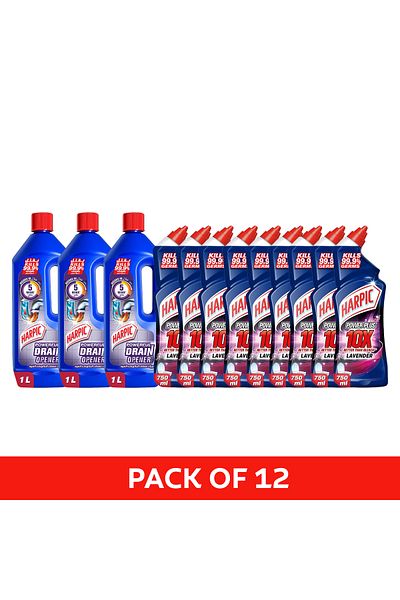 Harpic Power Plus Toilet Cleaner Lavender 750mlx9 Powerful Drain Opener Gel 1lx3