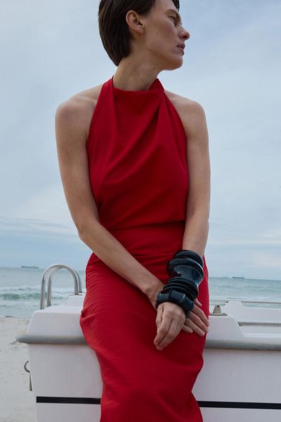 Suud Collection Red Gabriel Halter Collar Linen Blouse