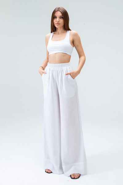 Tt Line Palazzo Trousers Women Regular Side Pockets Loose Wide Leg Elastic Waist Organic Black White