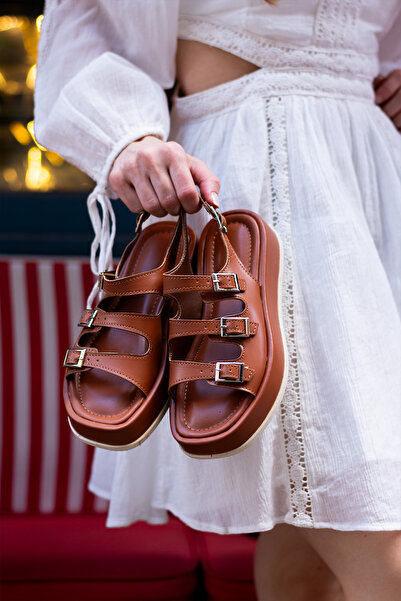 DESPİNA MİLA Kadın Taba 3 Tokalı Terlik – Günlük Rahat Kalın Taban Sandalet M...