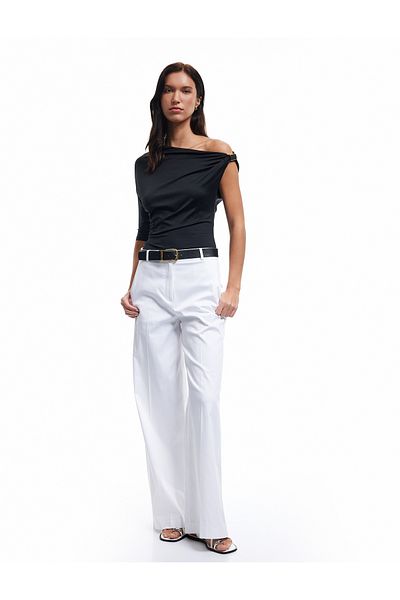 Koton U Neck Buckle Detailed Slim Fit Short Sleeve Asymmetric T-Shirt