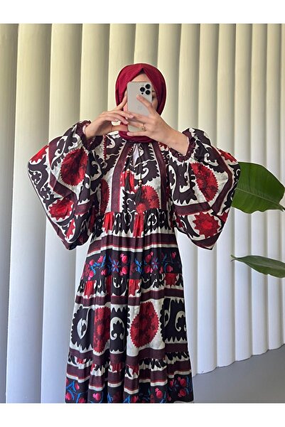 Modamorfo V-Neck Lace-Up Bat Sleeve Viscose Dress - Burgundy