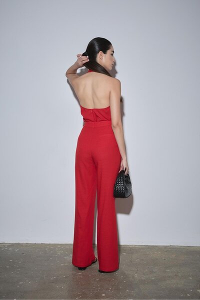 Suud Collection Red Gabriel Halter Collar Linen Blouse