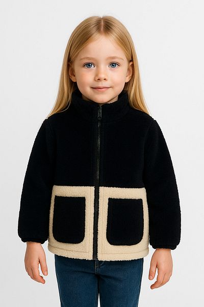 freemen Sports Girl Sports Kids Plush Black Ecru Pocket Zippered Welsoft Coat