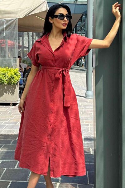 Ded COLLECTION Women's Short Sleeve Summer Fabric Collar Belted Midi Length Shirt Dress