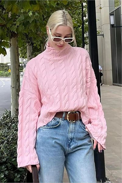 NZL TEKSTİL Hair Braided Self Collar Knitted Sweater