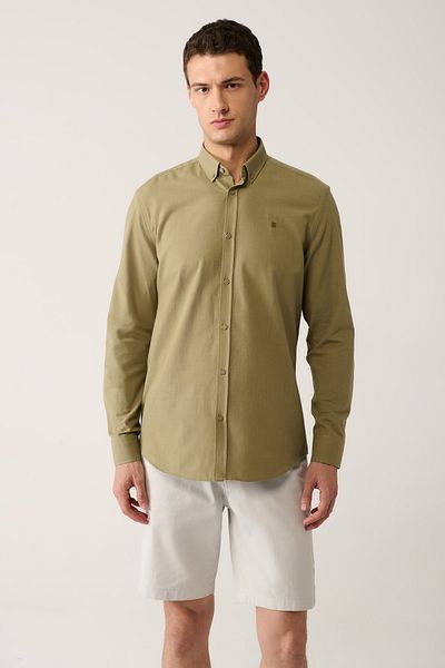 Avva Men's Khaki Buttoned Collar 100% Cotton Linen Textured Shirt E 002141