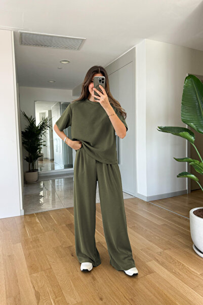 YAKAMEL Kadın Kısa Kollu Modal Penye Yüksek Bel Bol Paça Eşofman Takımı