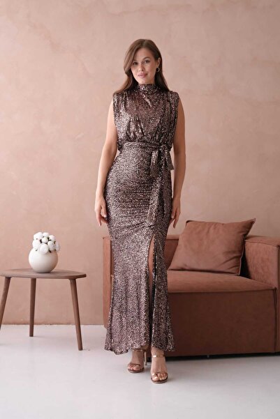 CİXAPLE Stand Collar Slit Belted Sequin Evening Dress