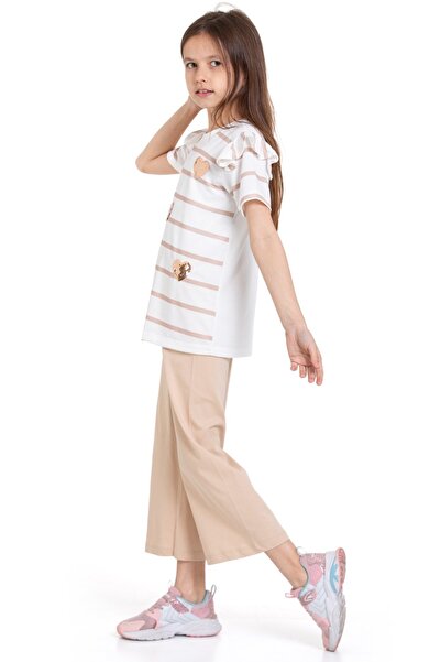 CiciTime Çocuk Modası Girl's Sleeve Ruffled Heart Embroidered Daily Comfortable Summer Suit