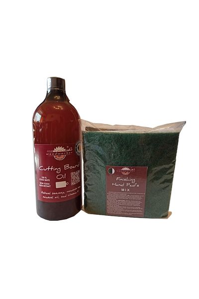 woodworker Kit Intretinere Lemn Masiv, Prep'n'shine-cutting Board Oil & Hand Pad’s Mix Abrasive, 1000 ml