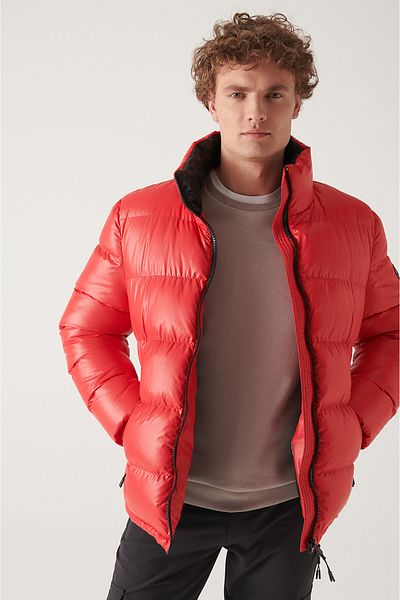 Avva Red Stand Collar Water Repellent Windproof Inner Strap Detailed Inflatable Unisex Comfort Fit Relaxed Cut Coat