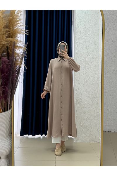 Ebrar Store Treva Front Metal Buttoned Side Slit Tunic-Fa876 Stone