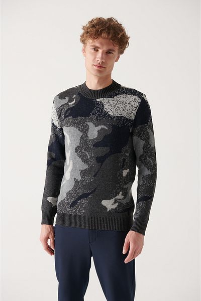 Avva Grauer Jacquard-Wollpullover mit Rundhalsausschnitt für Herren A22y5045