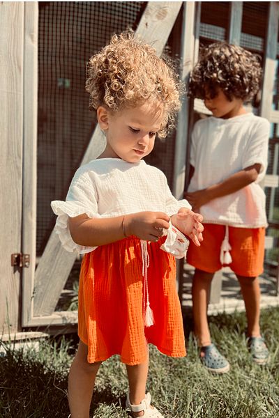 meqlife Girl's Summer Muslin Skirt Blouse Set 100% Cotton Orange