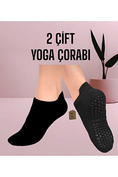 ENEFENDİ 2 чифта безшевни чорапи за йога и пилатес Tawaf за жени с неплъзгаща се подметка, памук със силиконов принт, черни