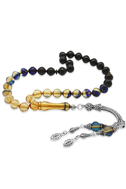 Tesbihane Ασημένιο 925 με φούντα ιστιοποιημένο από την Κωνσταντινούπολη, κομμένο μπλε φωτεινό κεχριμπάρι, χάντρες προσευχής