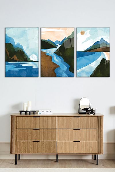 Rosyvien Set de 3 piese de pictură pe sticlă, peisaj natural de munte și mare abstract, decor de perete pentru casă și birou, cadou de lux